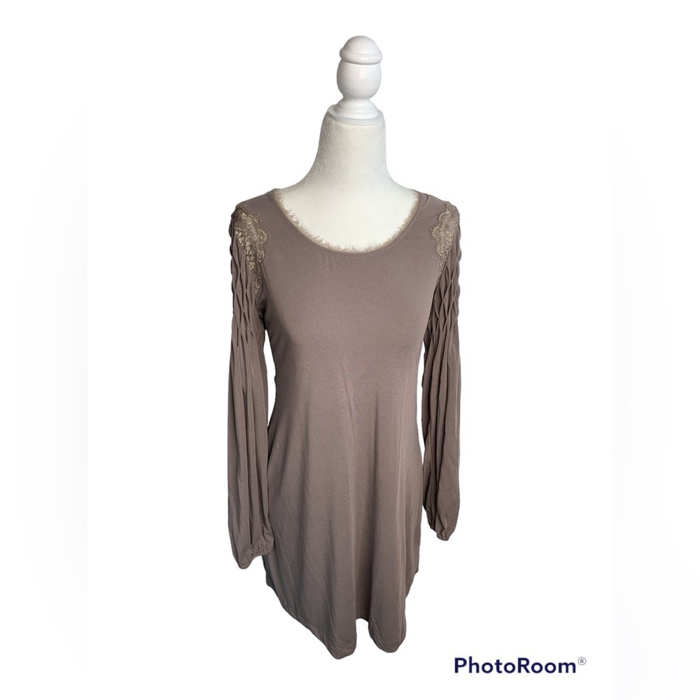 Free People Lace Modal Smocked Long Sleeve Fringe Neckline Mini Dress S